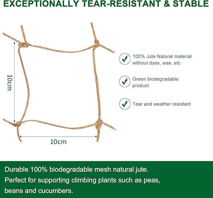 Jute Trellis Netting - Jute Netting for Garden, Heavy Duty Plant Support Netting for Climbing Plants, Cucumber, Vine, Fruits & Vegetables, Climbing Vining Plants (6.6 Ft x 16.4 Ft, 3.9 Inch Squares)