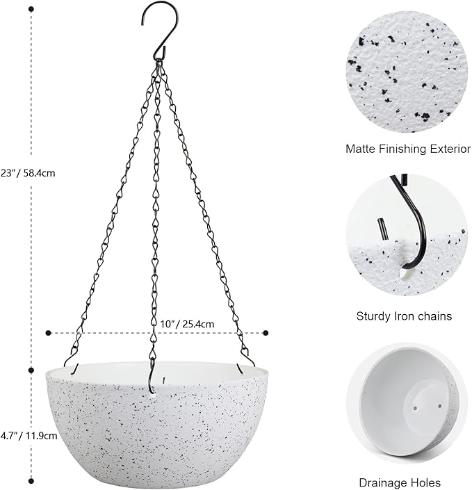 10 inch Hanging Planters for Indoor Outdoor Plants, 2 Pack Hanging Flower Pots with Drainage Holes and Chain for Garden Porch, Plastic Hanging Baskets for House Plants, Speckled White
