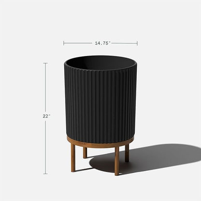 Veradek Demi Series Round Planter w/Stand for Porch/Patio | Durable Plastic-Stone Composite & Wooden Stand | Modern Décor for Tall Plants, Flowers