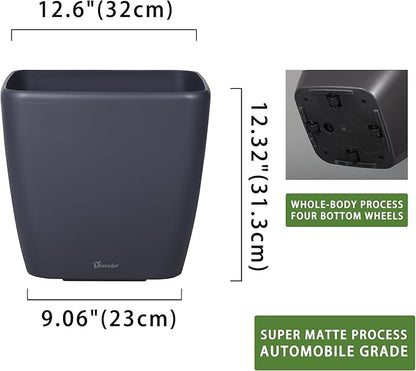 Dexceder 13x12 Self Watering Planter with Wheels Indoor Outdoor, Inner Mat Design, Thickened Large Floor Standing Flower Plant Pot with Water Level Indicator (Slate Gray Matte)