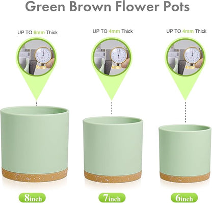 8/7/6 inch Plant Pots, 3 Pack Cylinder Flower Pots for Outdoor Indoor Plants, Decorative Plastic Planters with Drainage Holes and Saucers for Garden House Plants, Green with Brown