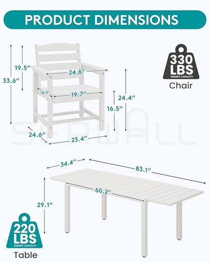 SERWALL 7-Piece Patio Dining Sets, 60" - 83" Expandable Outdoor Dining Table and 6 HDPE Chairs, All Weather HDPE Outdoor Furniture Set for Backyard, Garden, White