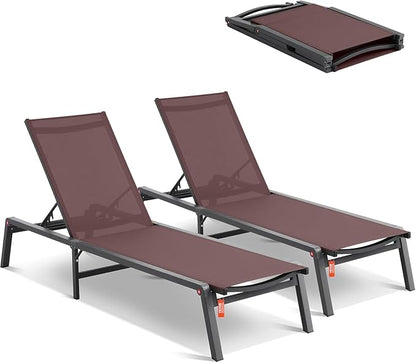 VEVOR 2 Pcs Chaise Lounge Chairs Outdoor, Aluminum Patio Lounge Chair with Adjustable 5-Position, Folding Pool Chairs Recliner and Full Flat Tanning Chair for Patio, Beach, Pool, Brown, 2 pcs