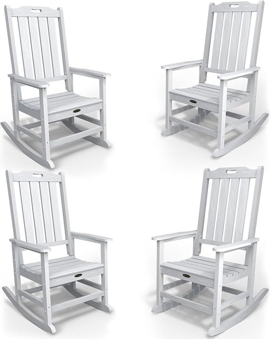 Oversized Rocking Chair Set of 4, Outdoor Rocking Chair for Adults, All Weather Resistant Porch Rocker for Lawn Garden, White