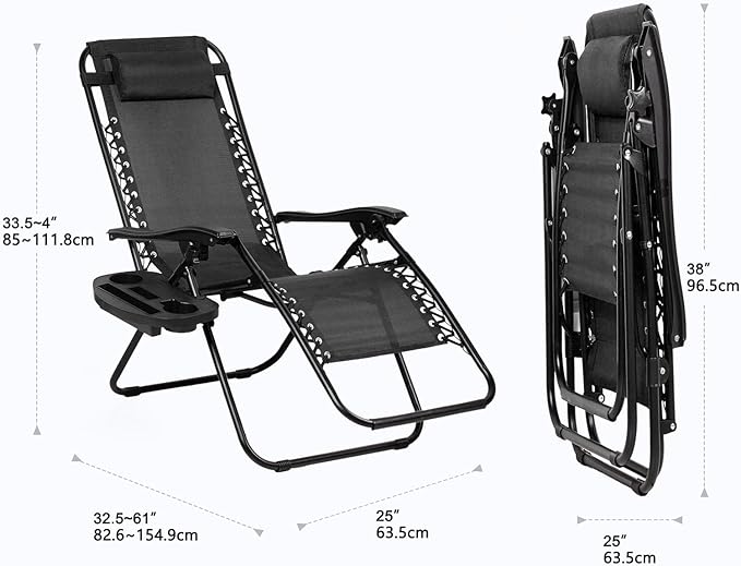 Nazhura Set of 2 Relaxing Recliners Patio Chairs Adjustable Steel Mesh Zero Gravity Lounge Chair Beach Chairs with Pillow and Cup Holder Black