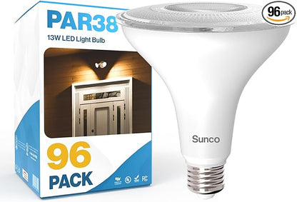 Sunco 96 Pack Outdoor Flood Light Bulb LED PAR38, Exterior Spotlight Bulbs, Weatherproof, 1050 LM, 13W (100W Equivalent), 6000K Daylight Deluxe, Wet Rated, Dimmable, E26 Base UL.