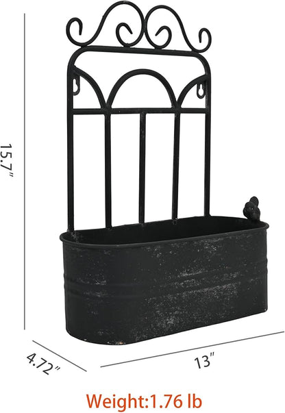 Rustic Metal Wall Planter Vintage Wall Mounted Flower Pot Distressed Wall Hanging Plant Basket Farmhouse Wall Decor for Indoor Outdoor Garden Home Yard (Black)