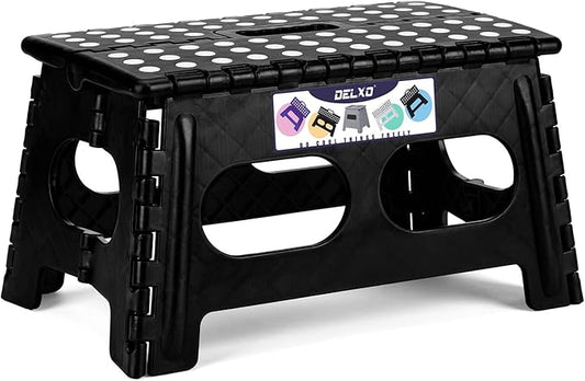 Delxo Folding Step Stool for Kids and Adults,15-Inch Extra Wide 9 Inch Height Heavy Duty Stepping Stool More Safe and Comfortable Non Slip Foldable Step Stool Black