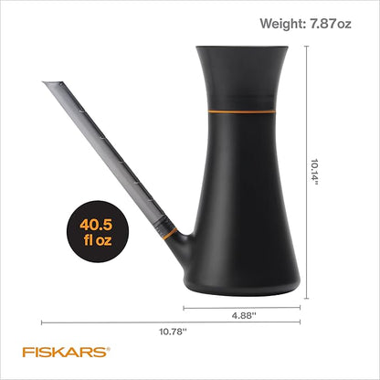 Fiskars Indoor Watering Can, Long Reach Spout for Precision Hydration on Houseplants, Anti-Drip Nozzle with Translucent Volume Markings, Ergonomic Recycled Plastic Body, 40 oz, Black
