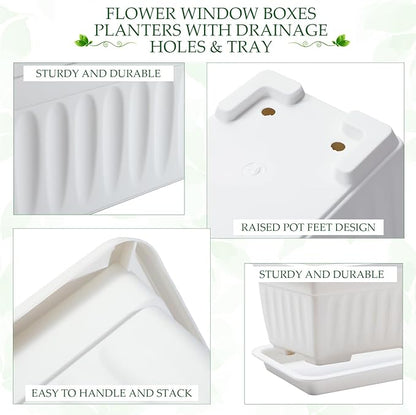 6 Packs 23 Inch Window Flower Box Extra Large Window Sill Herb Garden Long Rectangle Planter Plastic Boxes Outdoor with Drainage Trays Boxes for Balcony Windowsill Patio Garden