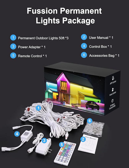 Fussion Permanent Outdoor Lights for House, 150ft RGB Halloween House Lights Outdoor with APP Remote Control, IP67 Waterproof Smart Eternity Eaves Lighting for Christmas, Holiday, Party, Daily