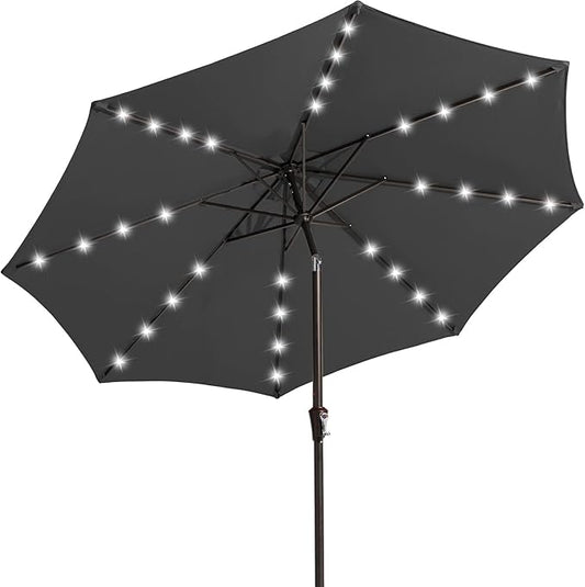 JEAREY 9FT Outdoor Patio Umbrella with Solar Lights, LED Lighted Pool Umbrella with Tilt and Crank, Outdoor Table Umbrellas for Deck, Yard & Market (Dark Gray)