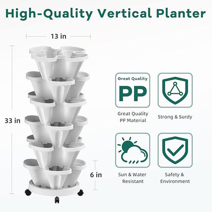 Strawberry Vertical Planters, 6 Tiered Stacking Tower Garden, Stackable Herb Vegetable Planters with Movable Casters and Bottom Saucer Indoor and Outdoor - White