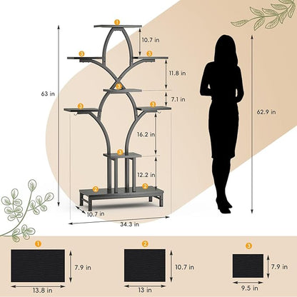 Plant Stand Indoor with 4 Grow Lights - 63" Tall Plant Shelf- 8 Tiered Corner Plant Flower Stands Display Shelves for Home, Patio (Black)