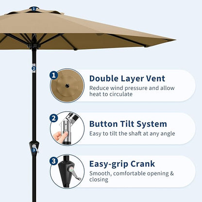 Garvee 10FT Patio Umbrella - Outdoor Table Umbrella with Smooth Crank Lift, Push Button Tilt and 8 Sturdy Ribs - Market Umbrella UV Protection Waterproof for Pool, Deck, Yard, Garden (Tan)