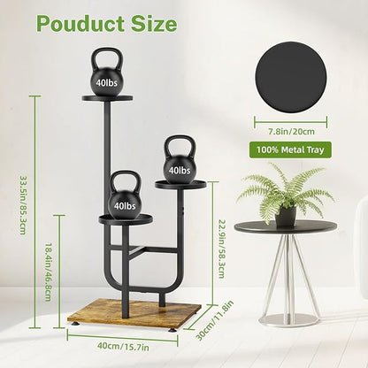 iDavosic.ly 3 Tier Plant Stand Indoor, Corner Tiered Multiple Flower Holder Shelf with Metal Trays, Orchid Display Wooden Rack for Patio Porch Living Room Balcony Outdoor, Modern Black & Rustic Brown
