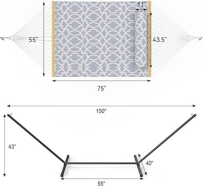 2 Person Outdoor Hammock with Stand, Cotton Rope Hammock with Polyester Pad, Adjustable Steel Frame, Portable with Carrying Bag – for Patio, Backyard, Garden, Beach, Cloud-Gray