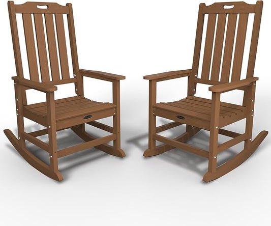 Oversized Rocking Chair Set of 2, Outdoor Rocking Chair for Adults, All Weather Resistant Porch Rocker for Lawn Garden, Wood