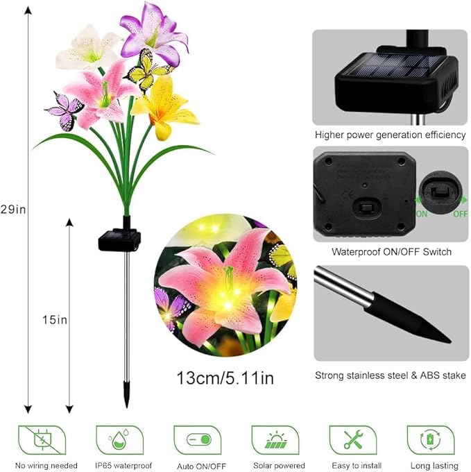 4 Pack Solar Garden Lights LED Solar Lilies Flower Lights, Yard Patio Pathway Decoration High Flexibility Copper Wire Handmade Silk Artificial Flowers Never Wither, Gift for Family, Friends