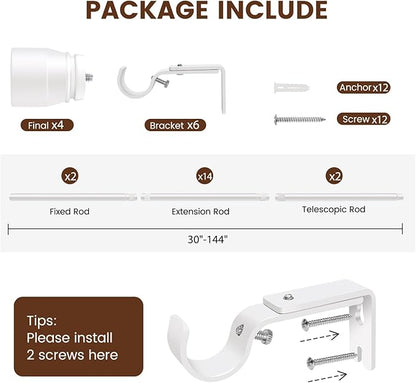 1” Diameter Curtain Rods Itself is 30 to 144 inch 2 Pack Fit 30-142 inch, 66 to 120 inch Window with Heavy Duty Adjustable Rod Matte White Splicing Metal Extra Long Curtain Rod for Windows