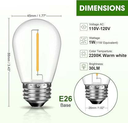 LED S14 Replacement Light Bulbs for Outdoor String Lights, 1W Shatterproof Edison Light Bulbs for Outside Patio Garden, E26 Standard Base, Dimmable, 2200K Warm White, 15 Pack