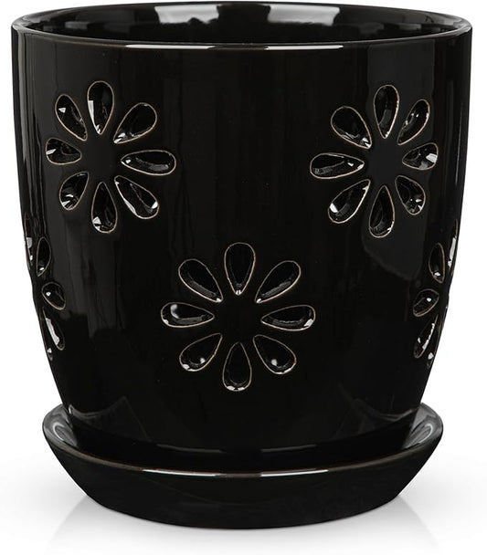 Oairse 6 inch Orchid Pots with Holes, Black Ceramic Orchid Pot for Repotting Small Indoor Plant Pots with Drainage Holes and Saucers Decorative Flower Planter for Orchids, Indoor Plant