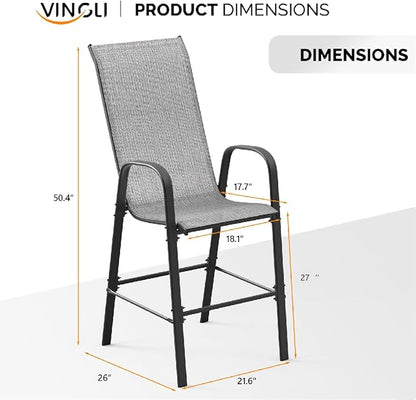 VINGLI Set of 6 Stackable Outdoor Bar Stools – Sling Chairs with High Back & Armrests, for Lawn, Garden, Bar, Grey