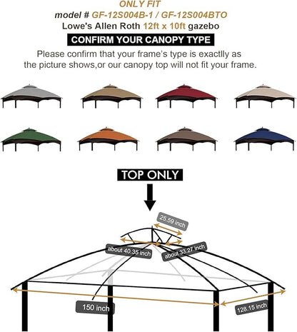 Eurmax USA High Performance Replacement Canopy Top for Lowe's Allen Roth Heavy Duty Gazebo Roof Gazebo Top with Air Vent 10X12 Cover #GF-12S004B-1, Replacement Top Only (Burgundy)