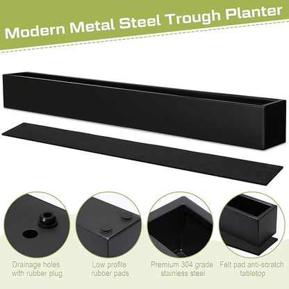 32 x 3.5 x 3.5 Inch Long Rectangular Planter Box Window Sill Plant Box Metal Water Trough Indoor Large Modern Steel with Drainage Holes Herb Garden Home(Black)