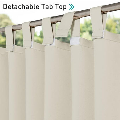 NICETOWN 2 Panels Outdoor Patio Curtainss Waterproof Room Darkening Drapes, Detachable Sticky Tab Top Thermal Insulated Privacy Outdoor Dividers for Canopy/Doorway, Beige, W52 x L84