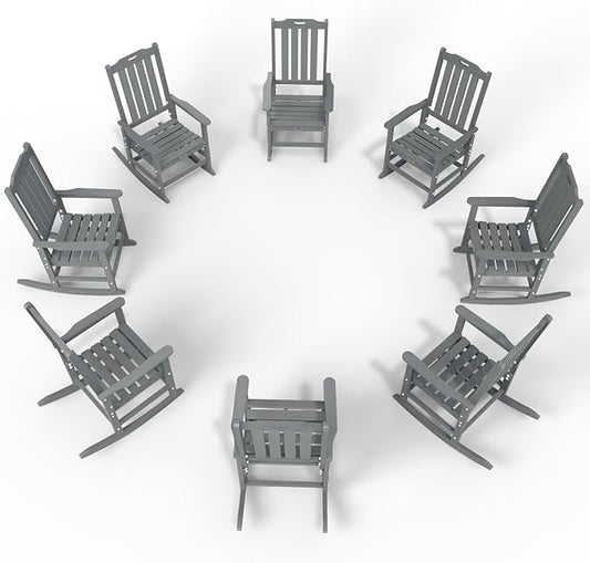 Oversized Rocking Chair Set of 8, Outdoor Rocking Chair for Adults, All Weather Resistant Porch Rocker for Lawn Garden, Grey