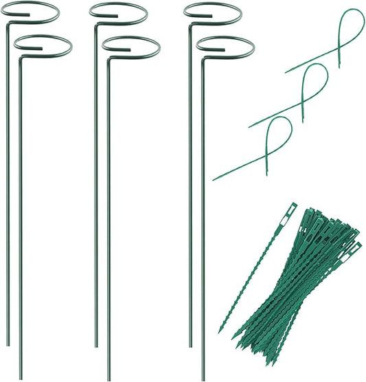 Plant Stake Support - 6 Pack, Garden Single Stem Support Stake Plant Cage Support Rings, Single Stem Plant Support Stakes, Plant Twist Ties, for Flowers Amaryllis Tomatoes Peony Lily Rose (15.9 inch)