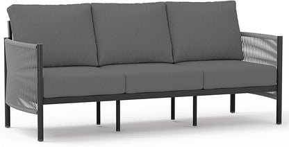 Aluminum Outdoor Patio Couch, 3 Seats HDPE Rope Patio Sofa with Washable Thick Cushion, All-Weather Patio Furniture for Balcony, Yard, Gray Frame, Charcoal