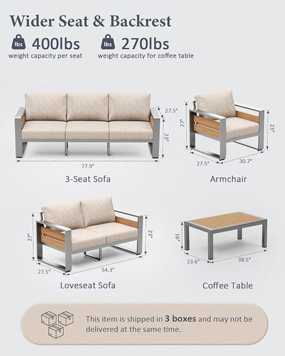 ZANDOR Aluminum Outdoor Patio Furniture - 1 Pcs Loveseat and Coffee Table, All-Weather Metal Modern Outside Furniture with Washable Thick Cushion for Garden/Backyard/Porch, Silver