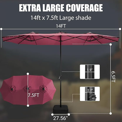LEVELEVE 14FT Large Patio Umbrella with Base & Solar LED Lights - Double-Sided,Red