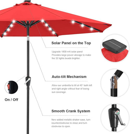 ABCCANOPY Durable Solar Led Patio Umbrellas with 32LED Lights 9FT (Red)