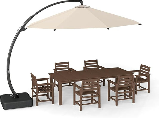 7-Piece Brown Outdoor Dining Set with Beige 11FT Large Patio Umbrella, 75.2'' HDPE Table & Chairs for 6, Weather-Resistant Furniture with Umbrella Hole for Patio, Lawn, Poolside