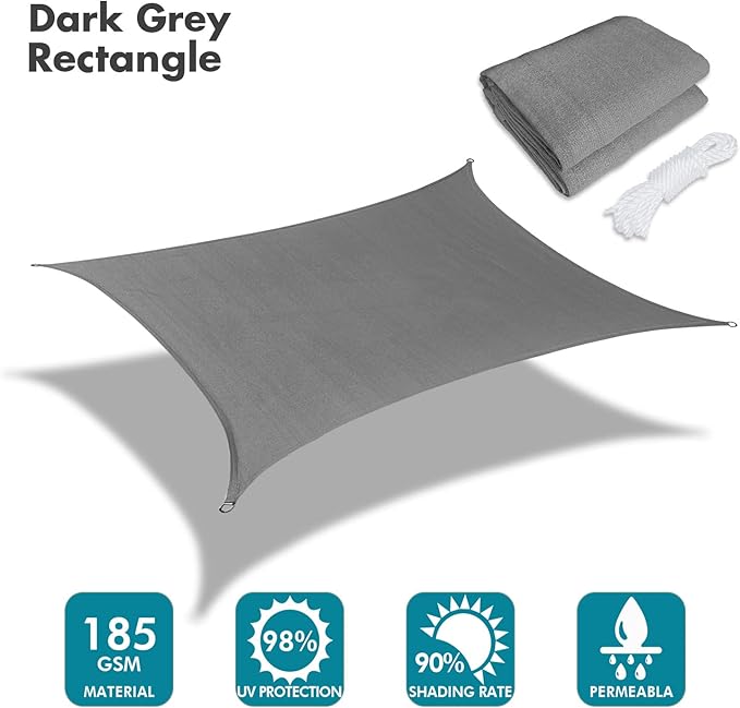 KANAGAWA 10'X20' Dark Gray Custom Size Sun Shade Sail Rectangle UV Block Canopy Cover for Patio Backyard Lawn Garden Outdoor (Customized Available)