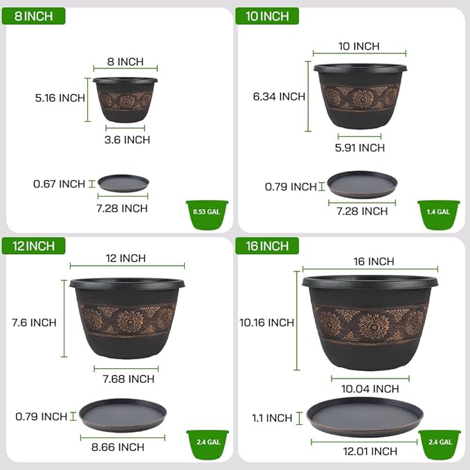 6 Pack 8 inch Plant Pots, Retro Pattern Planters with Drainage Holes and Saucer, Sturdy Plastic Garden Flower Pots for Indoor & Outdoor Plants