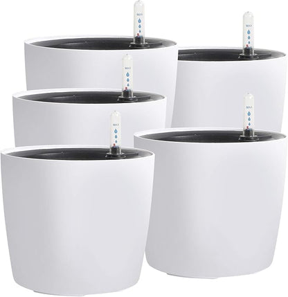 KINJOEK 5 Packs 7 Inch Self Watering Pot with Water Level Indicator, Modern Garden Decorative White Flower Pot, Flowers, African Violets, Succulents, White