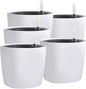 KINJOEK 5 Packs 7 Inch Self Watering Pot with Water Level Indicator, Modern Garden Decorative White Flower Pot, Flowers, African Violets, Succulents, White