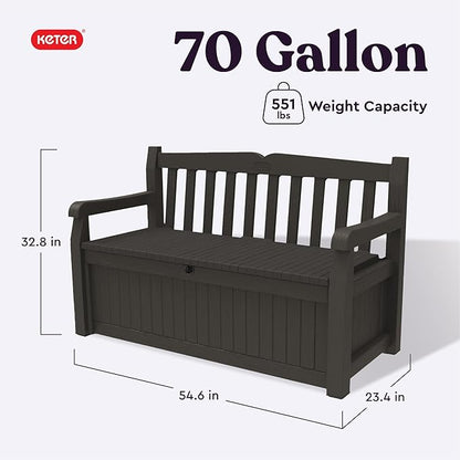 Keter Solana 70 Gallon Storage Bench Deck Box for Patio Furniture, Front Porch Decor and Outdoor Seating – Perfect to Store Garden Tools, Brown/Brown