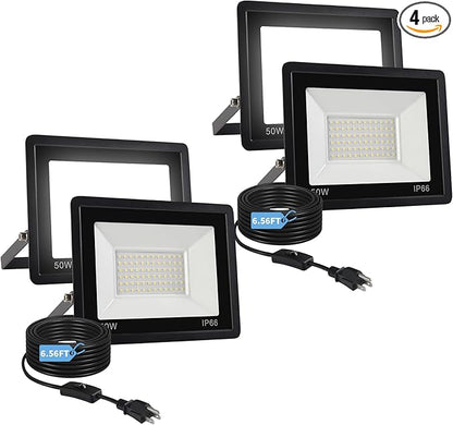 50W Flood Lights Outdoor,8000LM Bright LED Work Light,IP66 Waterproof Outside Lights for Yard with Switch and 6.5FT Plug,6500K Daylight White Outdoor Yard Light for Garage,Garden,Stadium(4Pack)