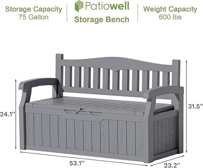 Patiowell 75 Gallon Plastic Storage Bench, Water-Resistant Deck Box for Patio Furniture, Garden Tools, Pool Storage and Outdoor Cushions, Grey