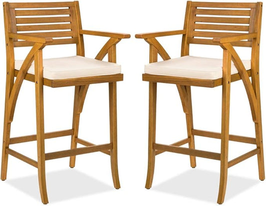 Best Choice Products Set of 2 Outdoor Acacia Wood Bar Stools Bar Chairs for Patio, Pool, Garden w/Weather-Resistant Cushions - Cream