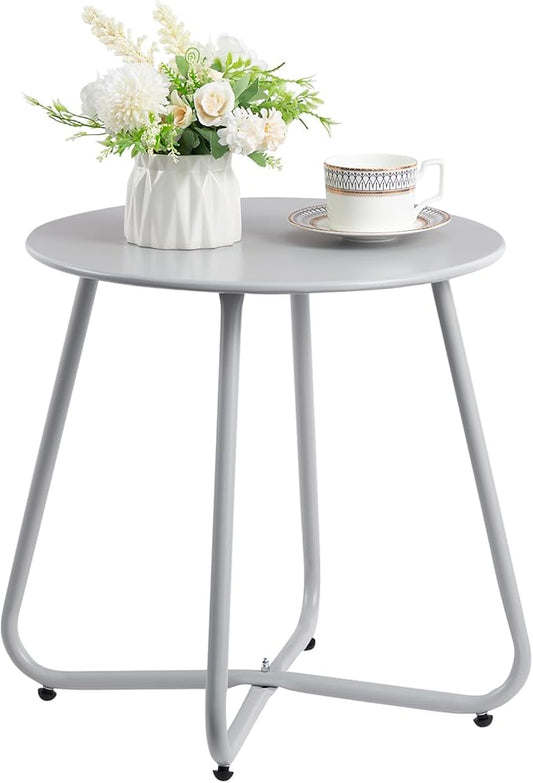 HollyHOME Round Metal Side Table, Rust-Resistant Patio Small Plant Stand, Outdoor 17.32'' Portable End Table for Balconies, Gardens, Living Rooms and Bedrooms, Grey