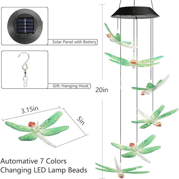 Toodour Solar Wind Chimes Outdoor, Color Changing Solar Lights Dragonfly, Gifts for Mom Grandma, Waterproof Decorative Mobile Light, Gardening Gift for Garden,Patio, Window, Yard, Outdoor Decor
