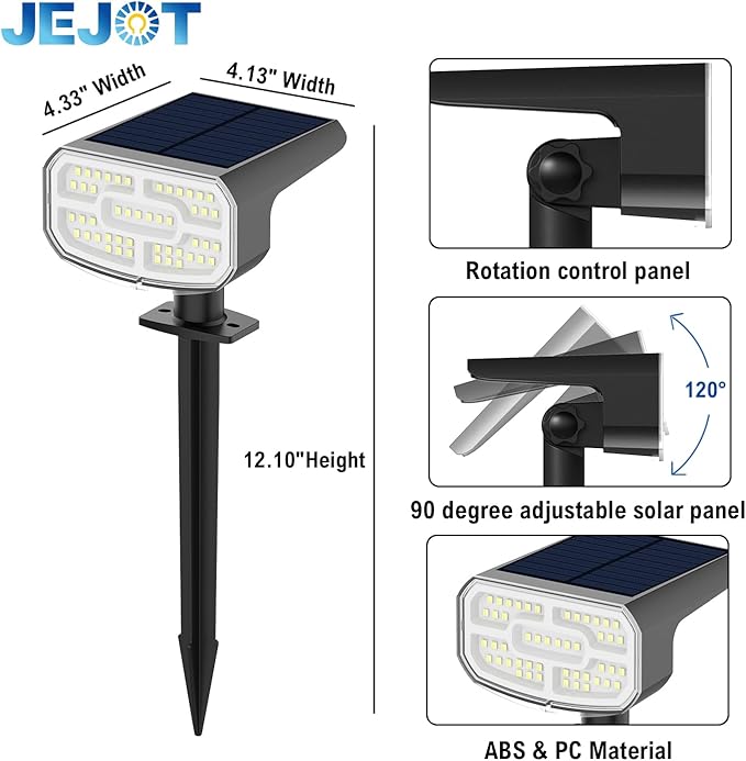 Solar Lights Outdoor Waterproof IP65, Super Bright LED, Cool Light 2 Lighting Modes Selectable, Solar Powered Yard Garden Solar Spot Lights for Outside Landscape Auto On/Off -2 Pack