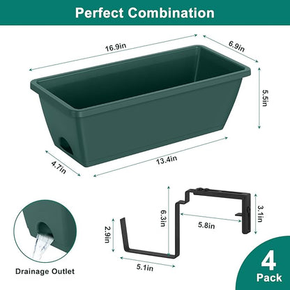 smusei 4 Pack Railing Planter Box Window Boxes Planters, 17'' Rectangular Deck Railing Planter Balcony Hanging Planters with Adjustable Flower Box Brackets for Fence Outdoor Patio Porch