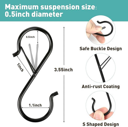 Navona 40 Pcs S Hooks for Hanging Heavy Duty, 3.5-inch Heavy Duty Metal S Hook with Safety Buckle, Suitable for 0.5 inch Rods, S Hook for Hanging Plants, Closet, Kitchen Utensil, Pot, Pan, Bags